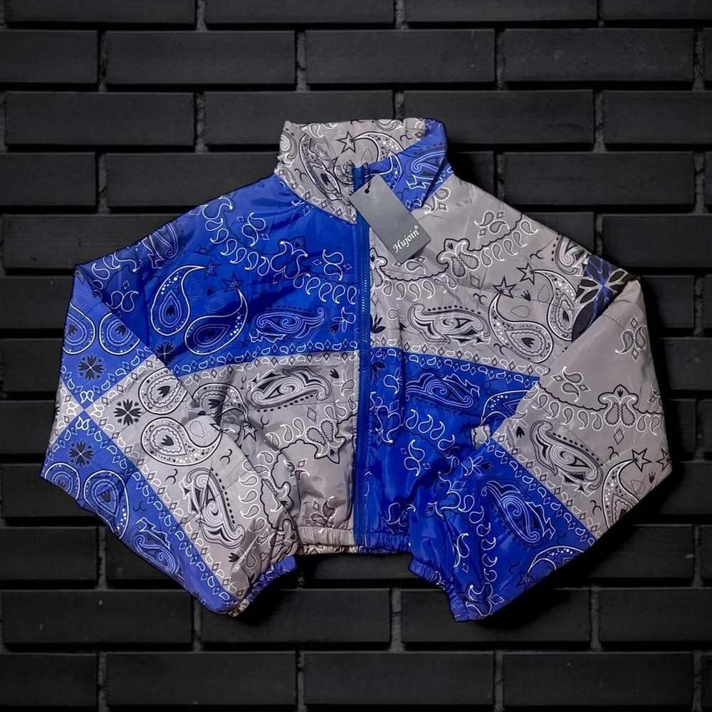 Hujoin Puffer Jacket Size L Blue Gray Paisley Bandana Print NWT